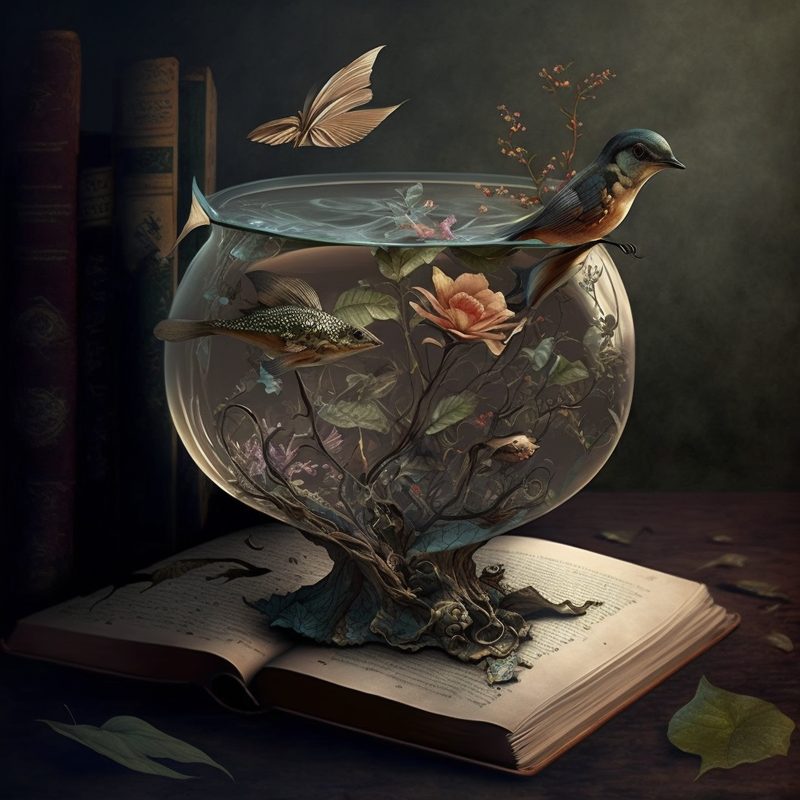 AI-generated artwork: a bird among flowers in a glass vessel, growing from an open book