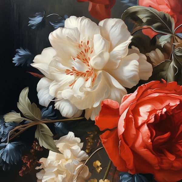 AI-generated artwork: classical oil painting of white and coral flowers