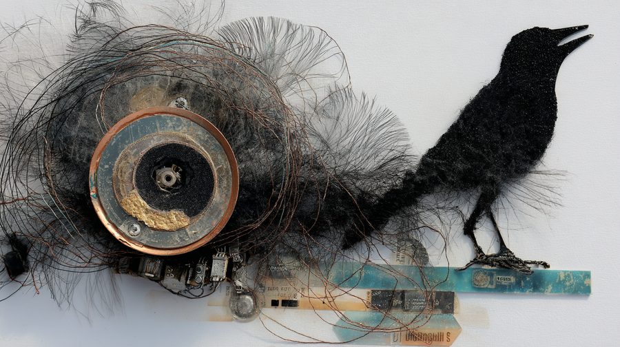 A crow made from circuit boards and wire, organic and mechanical fused into something alive